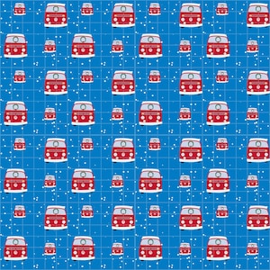 May include: A repeating pattern featuring red and white camper vans on a blue background with white dots. The vans are in different sizes and arranged in a grid, creating a playful and whimsical design, suitable for various applications.