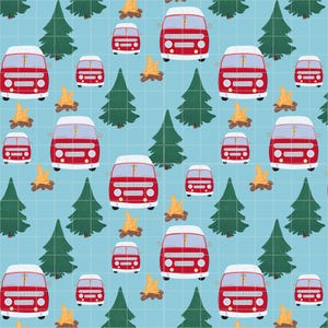 May include: A repeating pattern on a light blue background featuring red camper vans, green pine trees, and small campfires. The vans have white roofs and are arranged in a grid-like fashion.