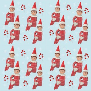 May include: A repeating pattern of red and white plaid elf figures wearing red hats and white collars, with red berry sprigs and white snowflakes on a light blue background. Festive holiday theme.