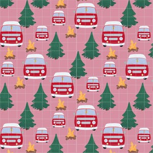 May include: A repeating pattern featuring red camper vans, green pine trees, and yellow campfires on a pink grid background. The camper vans have white roofs and are facing forward.