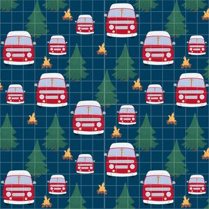 May include: A repeating pattern of red camper vans, green pine trees, and campfires on a dark blue grid. The vans have white roofs and headlights. The design evokes camping and outdoor adventures.