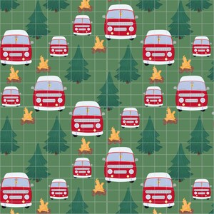 May include: A repeating pattern of red camper vans, green fir trees, and small orange campfires on a green grid. The vans have white roofs and headlights. The design has a camping or outdoor theme.