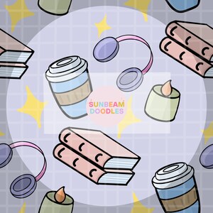May include: A repeating pattern featuring illustrations of blue coffee cups, pink headphones, stacks of light pink books, and green candles with flames, set against a gray grid background with yellow four-pointed stars and the text SUNBEAM DOODLES.