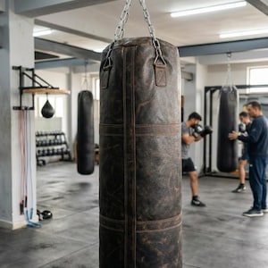 以下が含まれることがあります： 使い古したような風合いのダークブラウンの素材で作られた円筒形のサンドバッグで、目に見えるクロスステッチの縫い目が特徴です。このバッグは、銀色の金属チェーンと頑丈な金属製フックによって、天井に取り付けられた金属フレームから吊り下げられています。