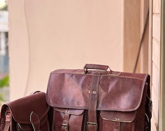 Gepersonaliseerde vintage bruine geitenleren schoudertas, handgemaakte laptoptas