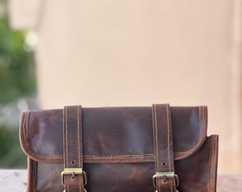 Handmade Genuine Leather Motorcycle Tool Bag – Vintage Brown Saddle Bag