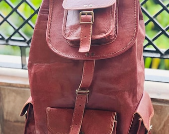 Handgemaakte bruine leren rugzak, 20" vintage schooltas