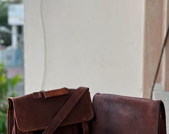 Borsa a tracolla in vera pelle, stile vintage, per uomo e donna, adatta a laptop da 15".