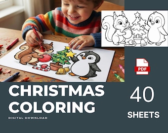 40 Christmas Coloring Pages, Printable Holiday Kids Activity (PDF)