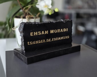 Custom Black Marble Name Plate with Gold Mirror Lettering | Luxury Desk Decor | Personalized Boss Gift | Elegant Office Signage