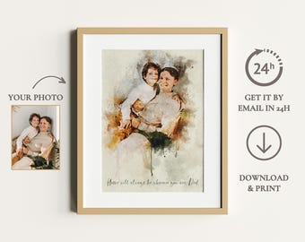 Retrato familiar personalizado en acuarela a partir de una foto / Regalo personalizado para papá / Póster artístico único para el Día del Padre / Pintura de acuarela atemporal
