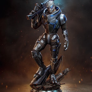 Peut inclure: Statue détaillée d'un personnage de science-fiction en armure futuriste, tenant un fusil. La figurine est principalement argentée et noire avec des touches de bleu. Elle se dresse sur une base rocheuse avec une plateforme circulaire.