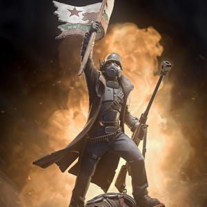 May include: A figurine of a soldier wearing a tactical helmet, gas mask, and long dark coat, holding a tattered flag with the text NEW CALIFORNIA and a star and bear emblem. The soldier holds a long-barreled rifle and stands over debris.