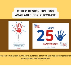 May include: Two white cards with patriotic designs. One features a red handprint with blue lines and text. The other says "Happy 25th Anniversary America 1776-2026" with a blue handprint and American flag.