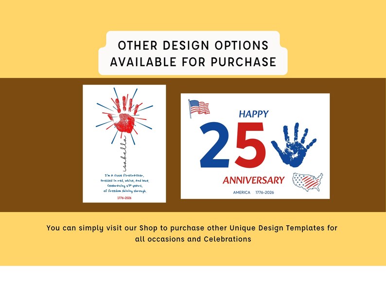 May include: Two white cards with patriotic designs. One features a red handprint with blue lines and text. The other says "Happy 25th Anniversary America 1776-2026" with a blue handprint and American flag.
