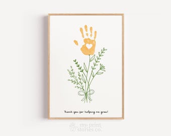 Thank You for Helping Me Grow Teacher Handprint Art Printable, Floral Handprint Keepsake Gift 0096