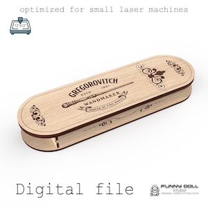 May include: A light-coloured wooden wand box with the text "GREGOROVITCH WANDMAKER" and a wand illustration. The box is designed for small laser machines and is labeled as a digital file. The box measures 30.48 cm x 30.48 cm.
