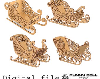 Set of 4 DIY Christmas Sleigh Candy Dish, Christmas decor Laser Cut File, Santa Sleigh SVG