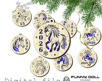 2026 Horse Zodiac Christmas Baublesб SVG & Vector Set for Laser Cutting 9 Layered Designs