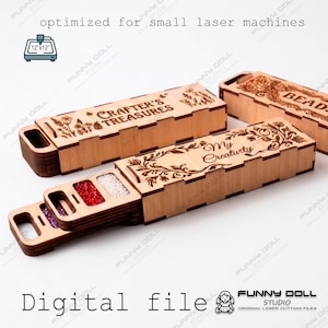 May include: Three rectangular wooden storage boxes with sliding lids, laser-engraved with floral designs and the text "CRAFTER'S TREASURES" and "My Creativity". The boxes feature cutouts for small beads in red, white, and purple.