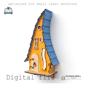 Peut inclure: Une maison en bois jaune et bleue avec un toit incurvé, des fenêtres et une porte. Le texte "Digital file" est en bas. L'image est optimisée pour les petites machines laser, avec une taille de 30.5cm x 30.5cm.