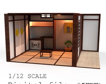 Japanese Room Roombox: schaal 1:12 – digitaal lasergesneden ontwerp, schuifdeuren, Tokonoma, Chabudai (3 mm materiaal, 1/8 inch – lees beschrijving)
