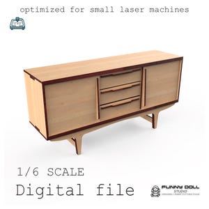 May include: A light wood-toned cabinet with a dark trim and three drawers. The cabinet is labeled "1/6 SCALE Digital file" and is optimized for small laser machines.