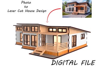 May include: A laser-cut house design model with a modern aesthetic. The model features a light wood frame, white siding, and dark window frames. The image includes the text "Photo to Laser Cut House Design" and "DIGITAL FILE".