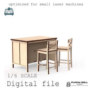 May include: A digital file for a 1/6 scale kitchen island with two bar stools. The island and stools are made of light-colored wood with dark brown trim. The text "optimized for small laser machines" and "Digital file" are visible.