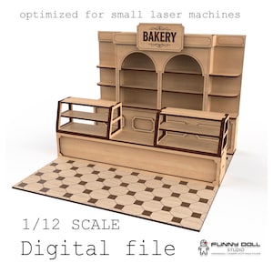 May include: A miniature wooden bakery model, optimized for laser cutting. Features shelves, display cases, and a sign that reads "BAKERY". The model is 1/12 scale and is a digital file.