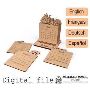 May include: Wooden 2026 calendar with monthly pages, including January, February, March, and April. The April calendar is a 3D design with floral and bird accents. The words "English", "Français", "Deutsch", and "Español" are displayed.