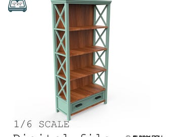 May include: A digital file for a bookshelf design. The bookshelf has a teal frame with an X-shaped design and wooden shelves. The text "optimized for small laser machines" and "1/6 SCALE Digital file" are visible.