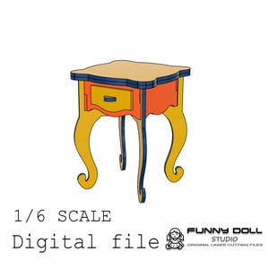 Op de afbeelding: Een kleurrijke, kleine bijzettafel met een lade. De tafel heeft een geschulpte bovenkant, gebogen poten en een lade. De kleuren zijn geel, oranje, blauw en beige. De tekst "1/6 SCALE Digital file" is zichtbaar.