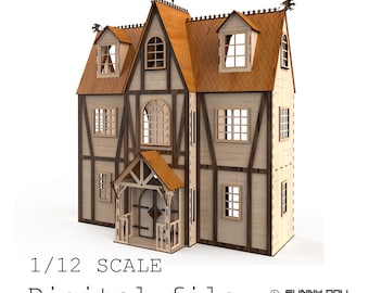May include: A wooden dollhouse with a brown roof and light-colored walls. The house has multiple windows, a front porch, and decorative trim. The text "1/12 SCALE Digital file" is visible at the bottom of the image.