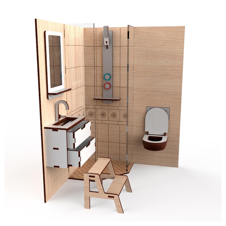 Restroom Scale Model Kit Miniature Bathroom Roombox 1:6 Scale - Laser Cut File (3mm Material, 1/ ...