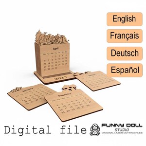 Laser Cut Desk Calendar 2027 SVG | Flip Page Stand | 4 Languages | Digital Download DXF SVG image 4