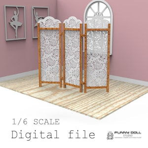 Könnte beinhalten: Ein dreiteiliger Raumteiler mit weißem Blumendesign und Holzrahmen. Der Text "1/6 SCALE Digital file" befindet sich unten. Der Raum hat rosa Wände, einen Holzboden und ein Fenster.