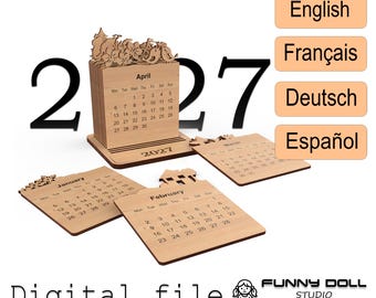 Laser Cut Desk Calendar 2027 SVG | Flip Page Stand | 4 Languages | Digital Download DXF SVG