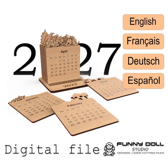 Laser Cut Desk Calendar 2027 SVG | Flip Page Stand | 4 Languages | Digital Download DXF SVG