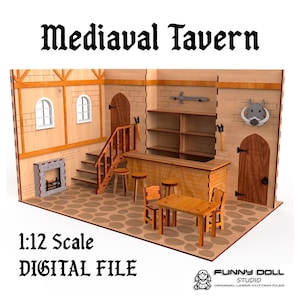 May include: A wooden miniature medieval tavern model, with a bar, tables, chairs, and a fireplace. The model includes the text "Mediaval Tavern", "1:12 Scale", and "DIGITAL FILE".