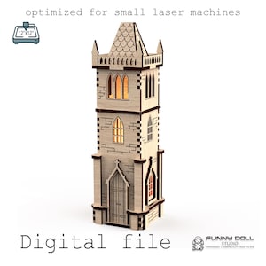 May include: A wooden laser-cut tower with a gothic design. The tower features arched windows, a detailed roof, and a cross on the facade. The text "Digital file" is at the bottom. The image is optimized for small laser machines.