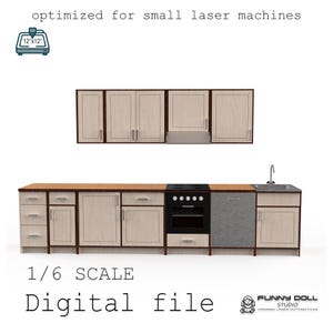Könnte beinhalten: Eine digitale Datei mit einem Miniatur-Küchenset, einschließlich Oberschränken, einer Arbeitsplatte mit Herd, Spüle und Unterschränken. Der Text "1/6 SCALE Digital file" ist sichtbar. Das Design ist für kleine Lasermaschinen optimiert.