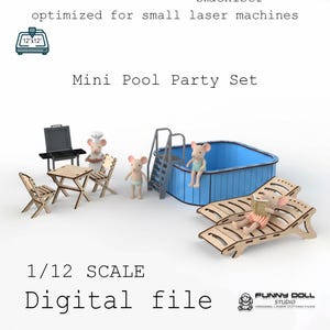 Puede incluir: Un juego de mini fiesta en la piscina, que incluye una piscina azul, tumbonas, una parrilla, una mesa, sillas y figuras de ratones. El juego es a escala 1/12 y está optimizado para máquinas láser pequeñas. El texto "Mini Pool Party Set" y "Digital file" son visibles.