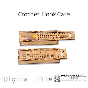 May include: Two wooden crochet hook cases with sliding rulers. The cases are light brown with engraved markings for hook sizes. One case contains a yellow and silver crochet hook. The text "Crochet Hook Case" and "Digital file" are visible.