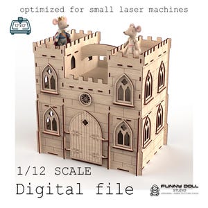 May include: A light-colored wooden toy castle with two towers, arched windows, and a central door. Two small mouse figurines wearing crowns stand on the battlements. The text reads: optimized for small laser machines, 12x12, 1/12 SCALE, Digital file.