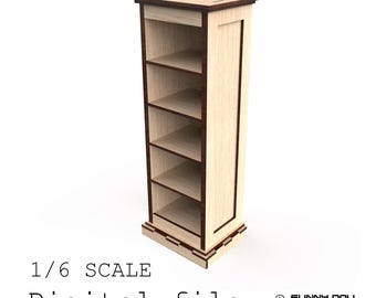 May include: A light wood-tone bookshelf with six shelves, accented with dark brown trim. The text "1/6 SCALE Digital file" is displayed at the bottom. The Funny Doll Studio logo is in the bottom right corner.