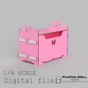 May include: A pink, laser-cut wooden toy chest with butterfly cutouts and accents. The chest has a rectangular shape with curved top edges and white bands. The text "1/4 SCALE Digital file" is visible.