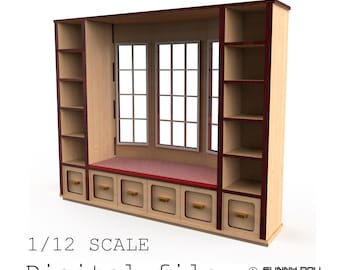 May include: A wooden dollhouse window seat and bookshelf unit, designed for small laser machines. The unit features a window with three panes, bookshelves, and drawers. The text "1/12 SCALE" and "Digital file" are visible.
