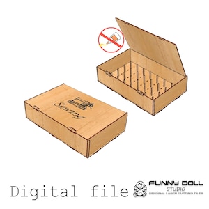 May include: Two wooden sewing boxes, one open and one closed, with the word "Sewing" and a sewing machine illustration on the closed box. The open box has slots inside. The words "Digital file" are at the bottom.