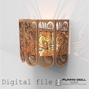 May include: A decorative wall sconce made of brown wood, featuring intricate floral cut-out designs. The sconce is lit from within, creating a warm glow. The words "Digital file" are at the bottom.